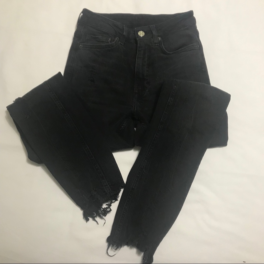 H&M High Waist Distressed Black Denim w/ Raw Hem
